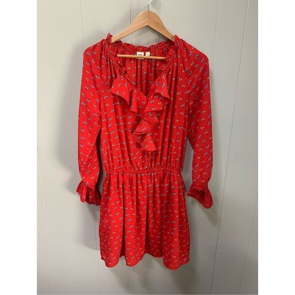 GAP Red Floral Print Long Sleeve Ruffle Dress Medium - Picture 4 of 9